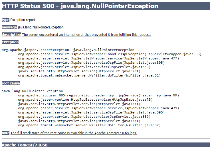 500 internal server error caused by java.lang.nullpointerexception