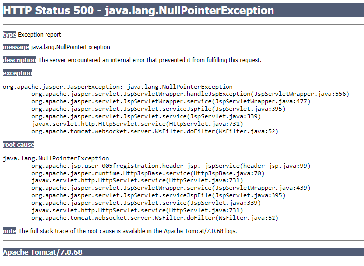 Erreur de serveur interne 500 générée par java.lang.nullpointerexception