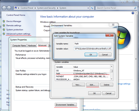 ajout de la base de données à la variable d'environnement de chemin dans Windows 7