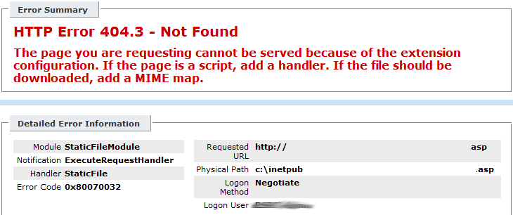 asp.net errore 404.3