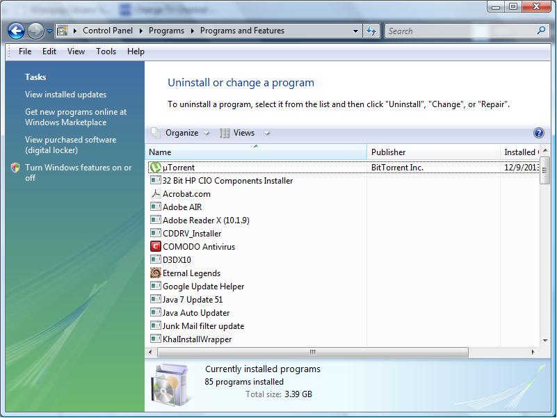 nie można zainstalować lub odinstalować programów Windows Vista