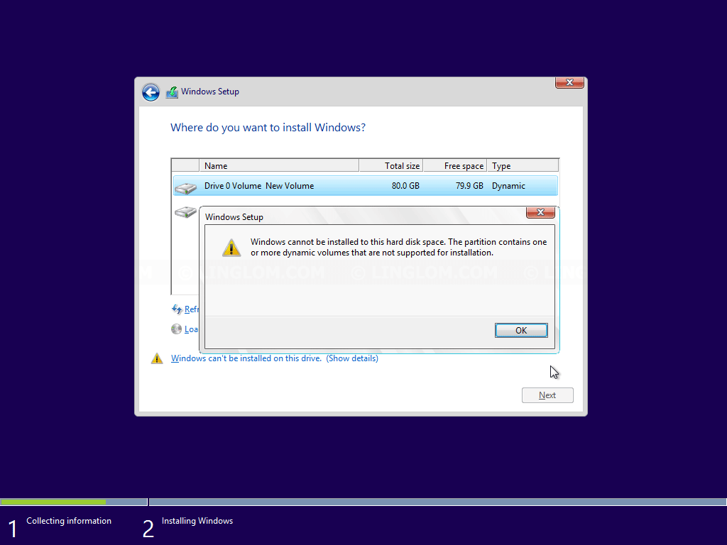 impossible d'installer le disque dynamique Windows
