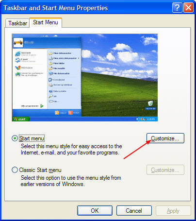 alterar menu de início do ícone do XP