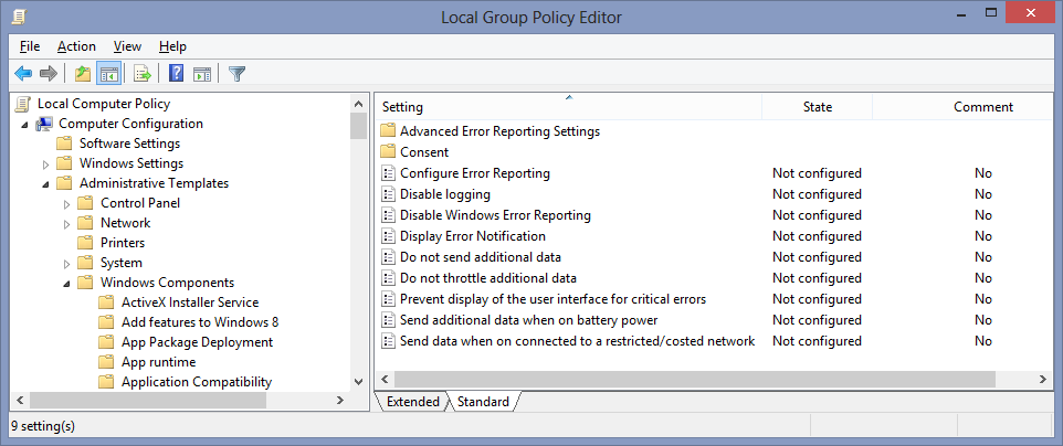 corporate error reporting group policy