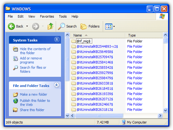 Windows 2003 서비스 팩 제거 파일 삭제