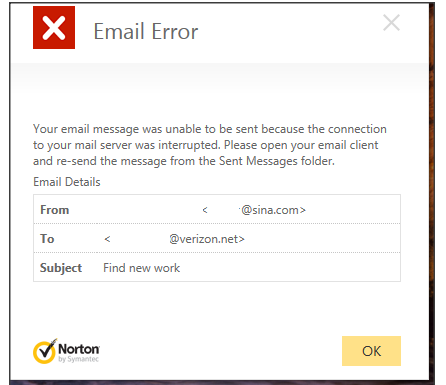 wiadomość e-mail o błędzie programu norton