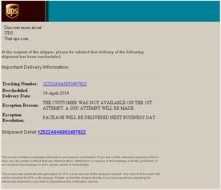 error at the delivery address ups email