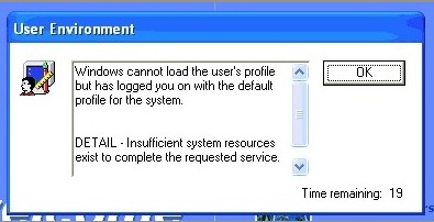 errore durante il riempimento del profilo utente windows xp