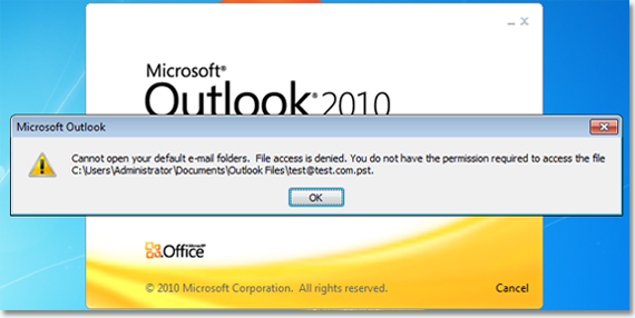 ошибка при открытии Outlook 2010