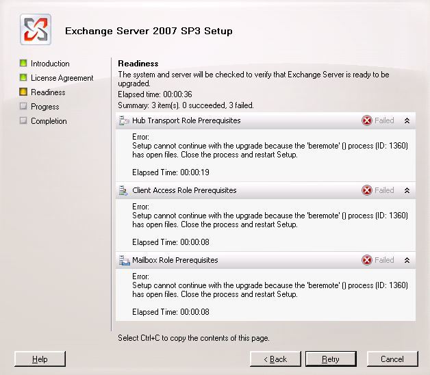 exchange 2007 sp2 error beremote