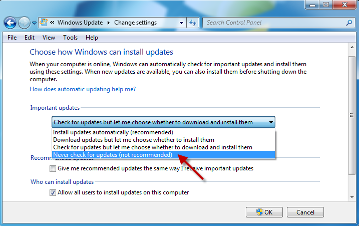 como faço para desativar as atualizações automáticas no Windows 7