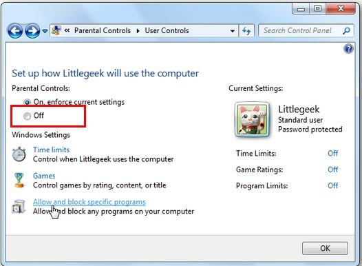 hur inaktiverar jag föräldrakonfigurationer i Windows 7