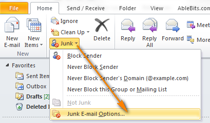 comment éviter les spams ici dans Outlook