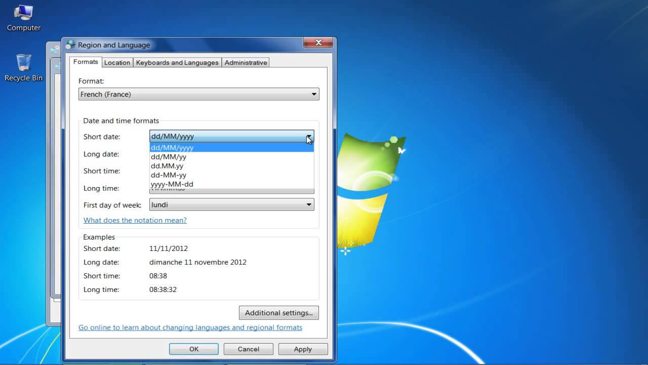 how to change time display in windows 7