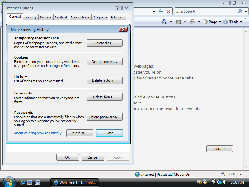 как удалить основу в Internet Explorer в Windows 7