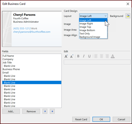 how to edit business card in windows live mail