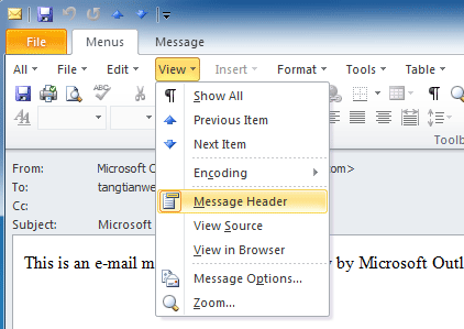 jak znaleźć nagłówek wiadomości w programie Microsoft Outlook 2007