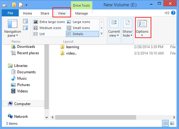 how to open folder options in windows 8