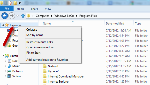 comment revenir pour enregistrer le dossier des favoris dans Windows 7