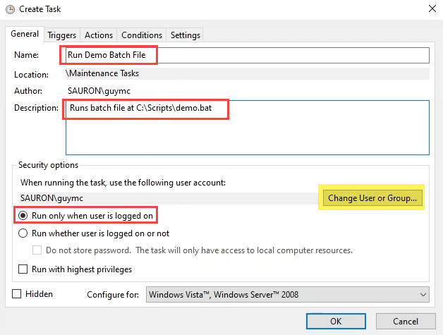 hur man schemalägger ett batchskript tillbaka i Windows 7
