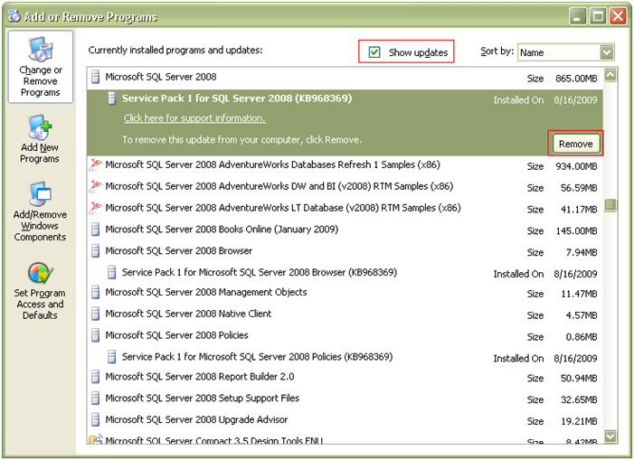 как удалить пакет обновления 1 для Windows Server 2009 r2