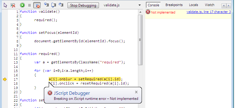 js error not implemented
