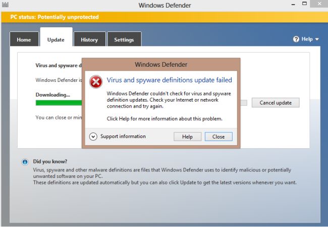 definições de vírus e spyware da Microsoft