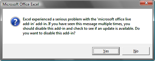 erro de suplemento ao vivo do MS Office
