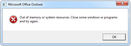 outlook an unexpected error has occurred not enough memory