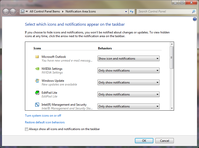 Outlook в области уведомлений Windows 7