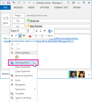 pasting a link in outlook