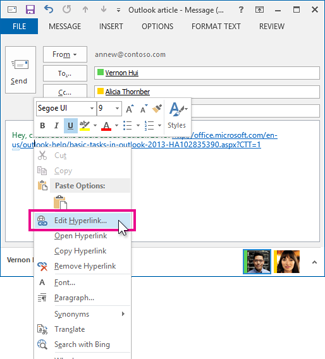 incollare un collegamento in Outlook