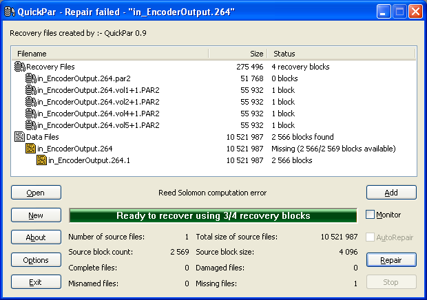 quickpar reed solomon error
