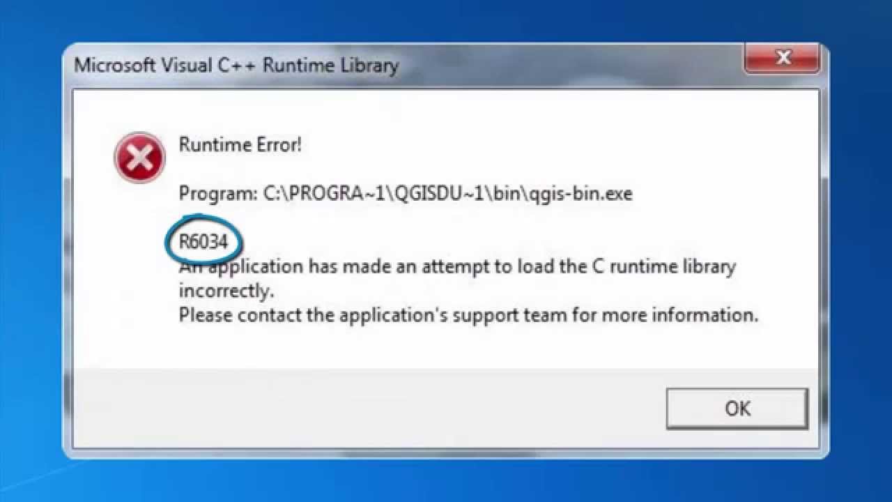 erreur d'exécution r6034 prendre soin de Windows 7