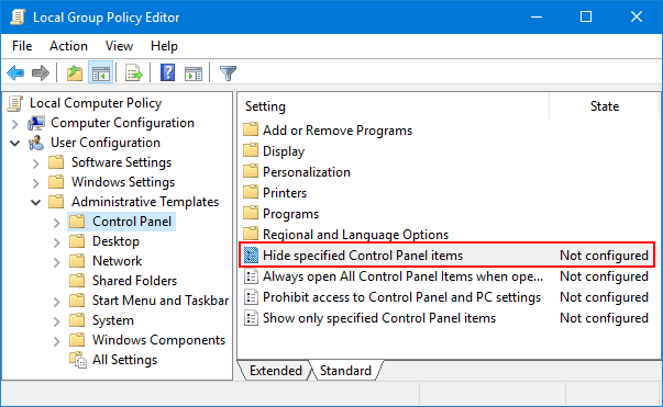 remove control panel items group policy