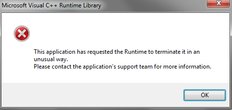 ошибка времени выполнения, это приложение запросило одну конкретную среду выполнения Windows 7