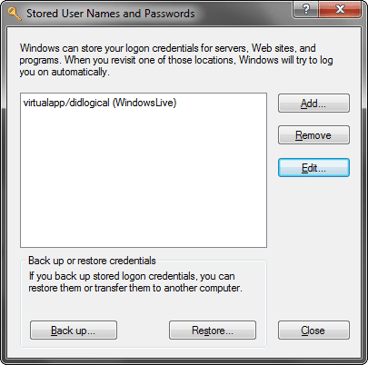 enregistrement des mots de passe trouvés dans Windows Vista