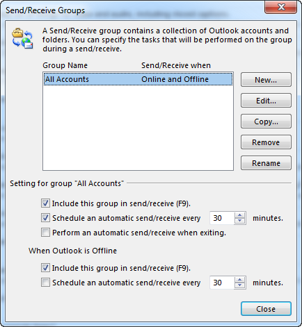 enviar y recibir opciones en Outlook