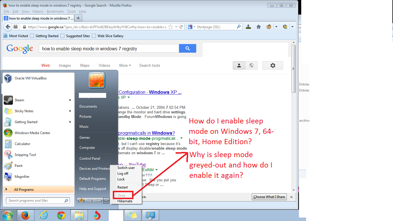 sleep package disabled in windows 7