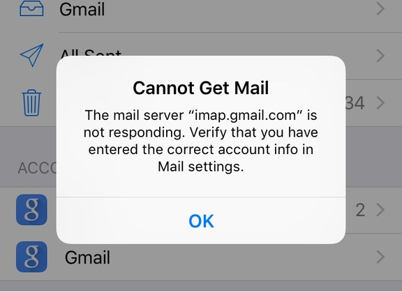 smtp error warning iphone