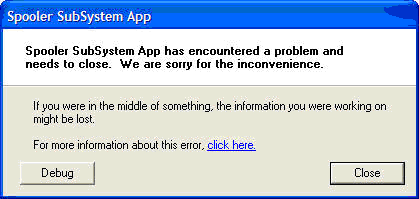spooler subsystem mobile app error in winxp