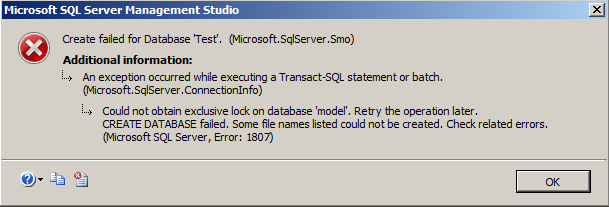 sql server create database error 1807