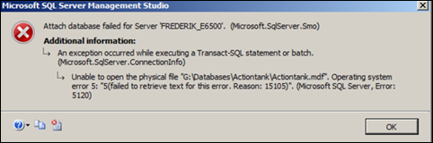 sql server error 5120 make a Difference database