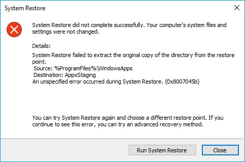 system restore fail