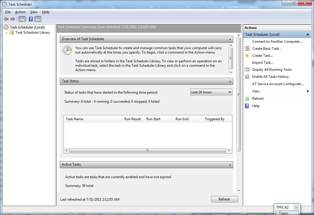 작업 스케줄러 서비스 속성은 Windows Vista 근처에서 회색으로 표시됩니다.