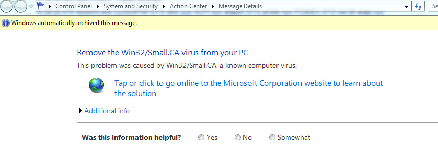 det här problemet orsakades bara av win32/small.ca, ett känt datavirus
