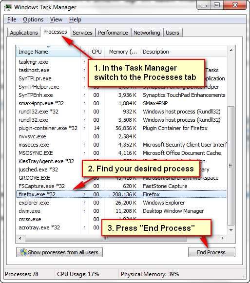 no se puede cerrar el proceso en el administrador de tareas de Windows 7