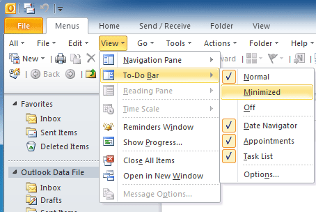 view to execute bar in outlook 2003