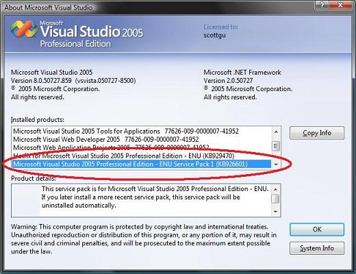 visual studio 2005 service pack 1 version number