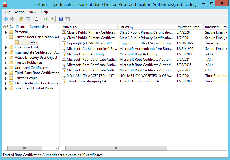 dove sono conservati i certificati radice in Windows XP